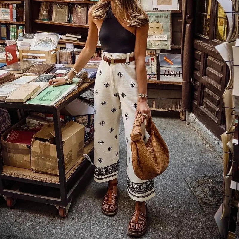 New Fashion Printed Bohemian High Waist Wide Leg Pants For Women