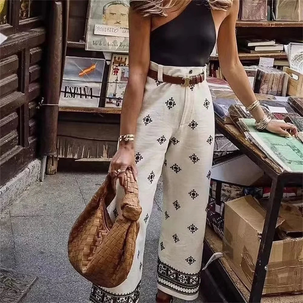 New Fashion Printed Bohemian High Waist Wide Leg Pants For Women